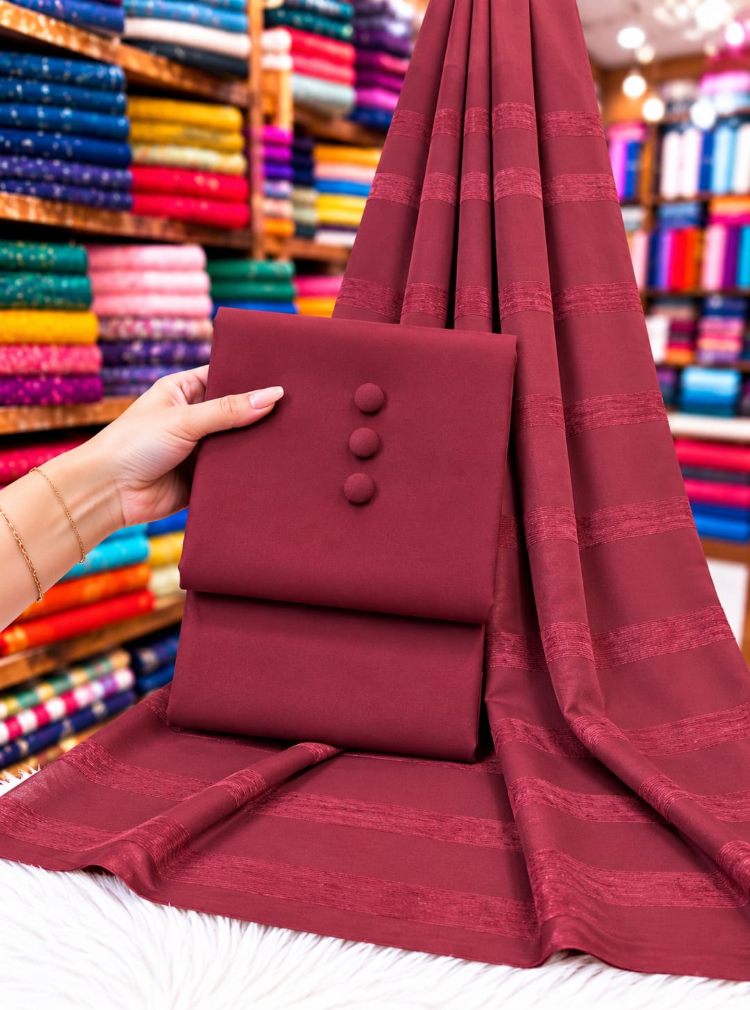 DHANAK SHAWL WITH CHAMKI VELVET STRIPS 3PC - MAROON