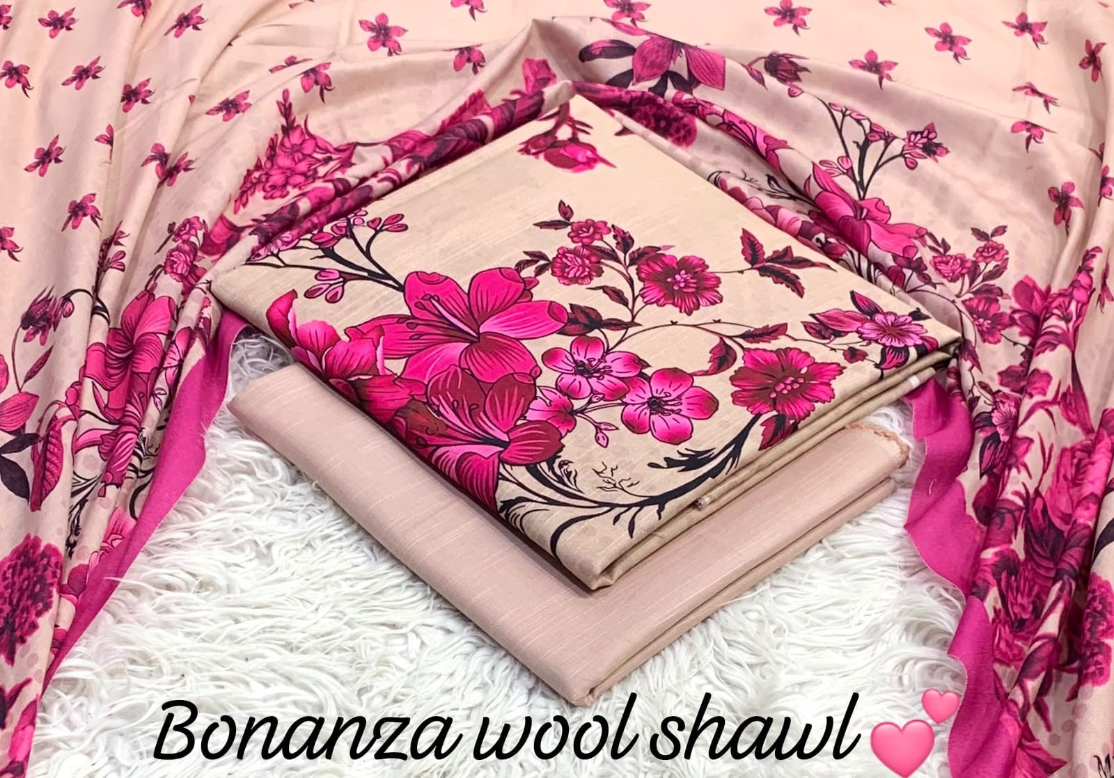 BONANZA KHADDAR WITH BUMBLE WOOL SHAWL 3PC - PINK FLORAL