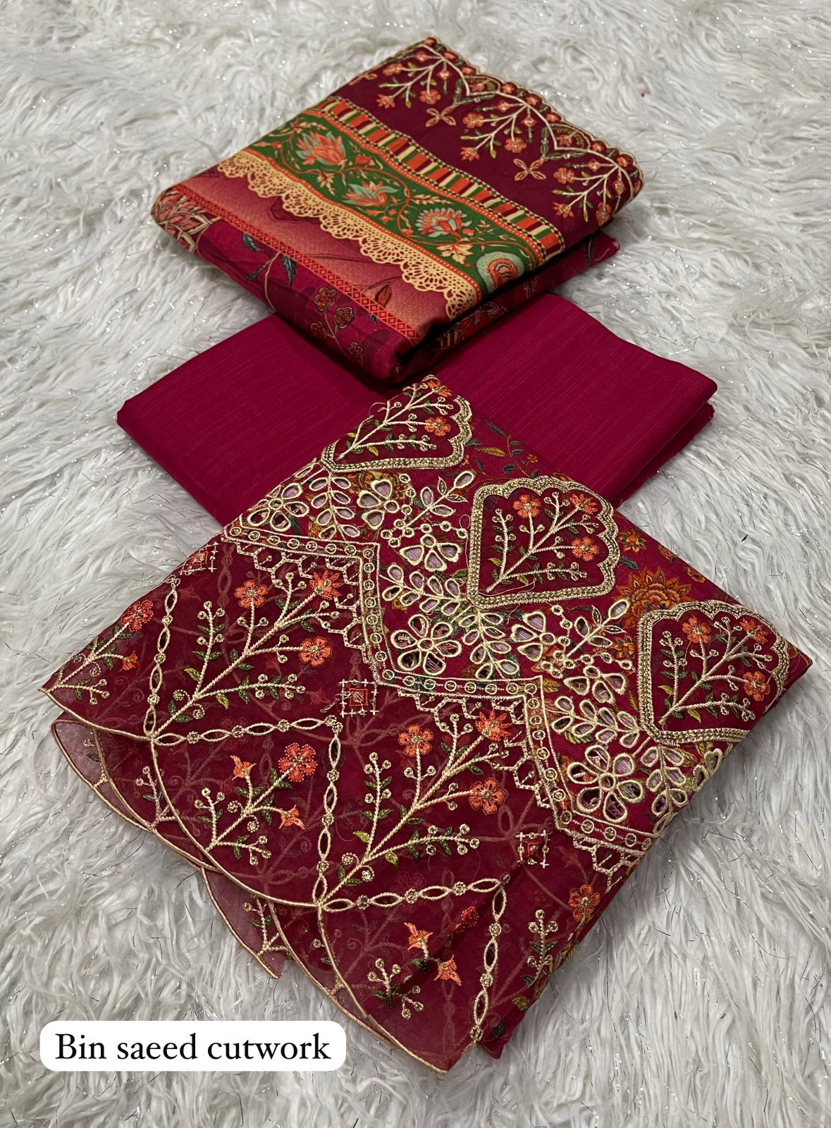 RAWAYAT BIN SAEED KHADDAR CUTWORK 3PC - RED