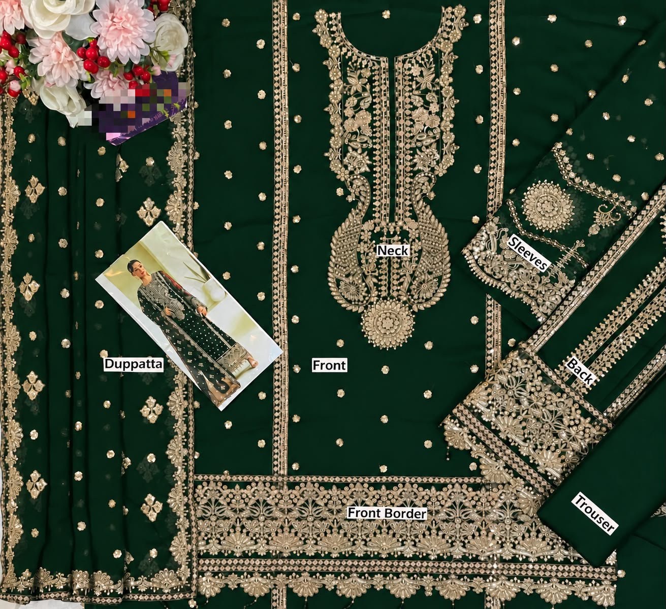 ALIZEH CHIFFON SEQUENCE 3PC PREMIUM - BOTTLE GREEN