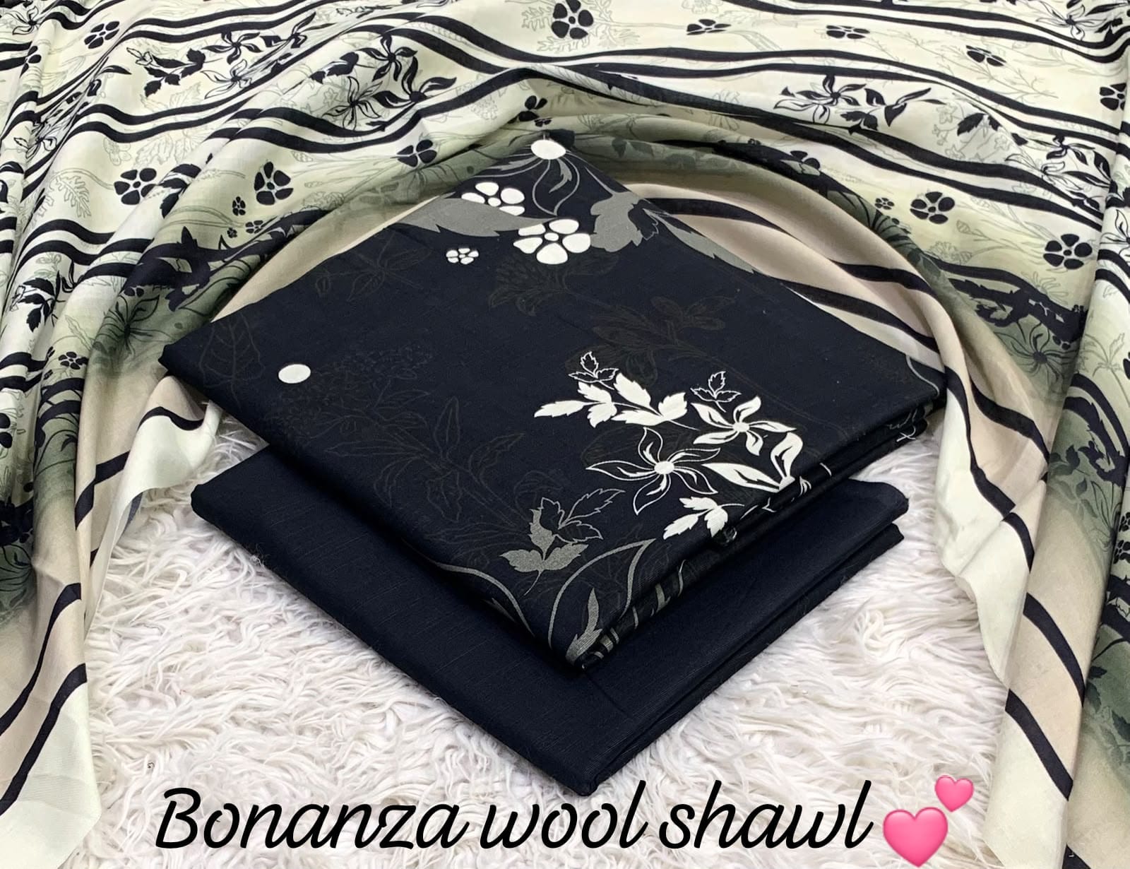 BONANZA KHADDAR WITH BUMBLE WOOL SHAWL 3PC - BLACK WHITE