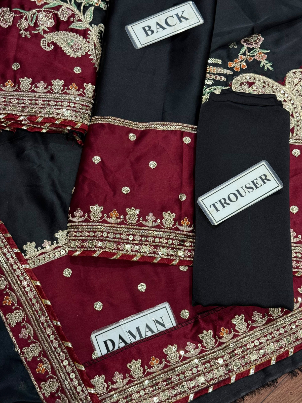 ETHNIC SILK 3PC SEQUENCE UNSTITCHED - BLACK MAROON