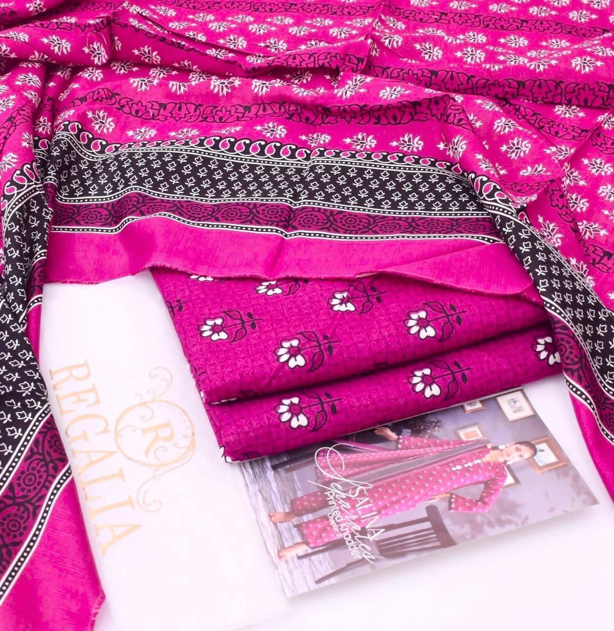 REGALIA ORIGINAL 3PC PRINTED KHADDAR COLLECTION - HOT PINK