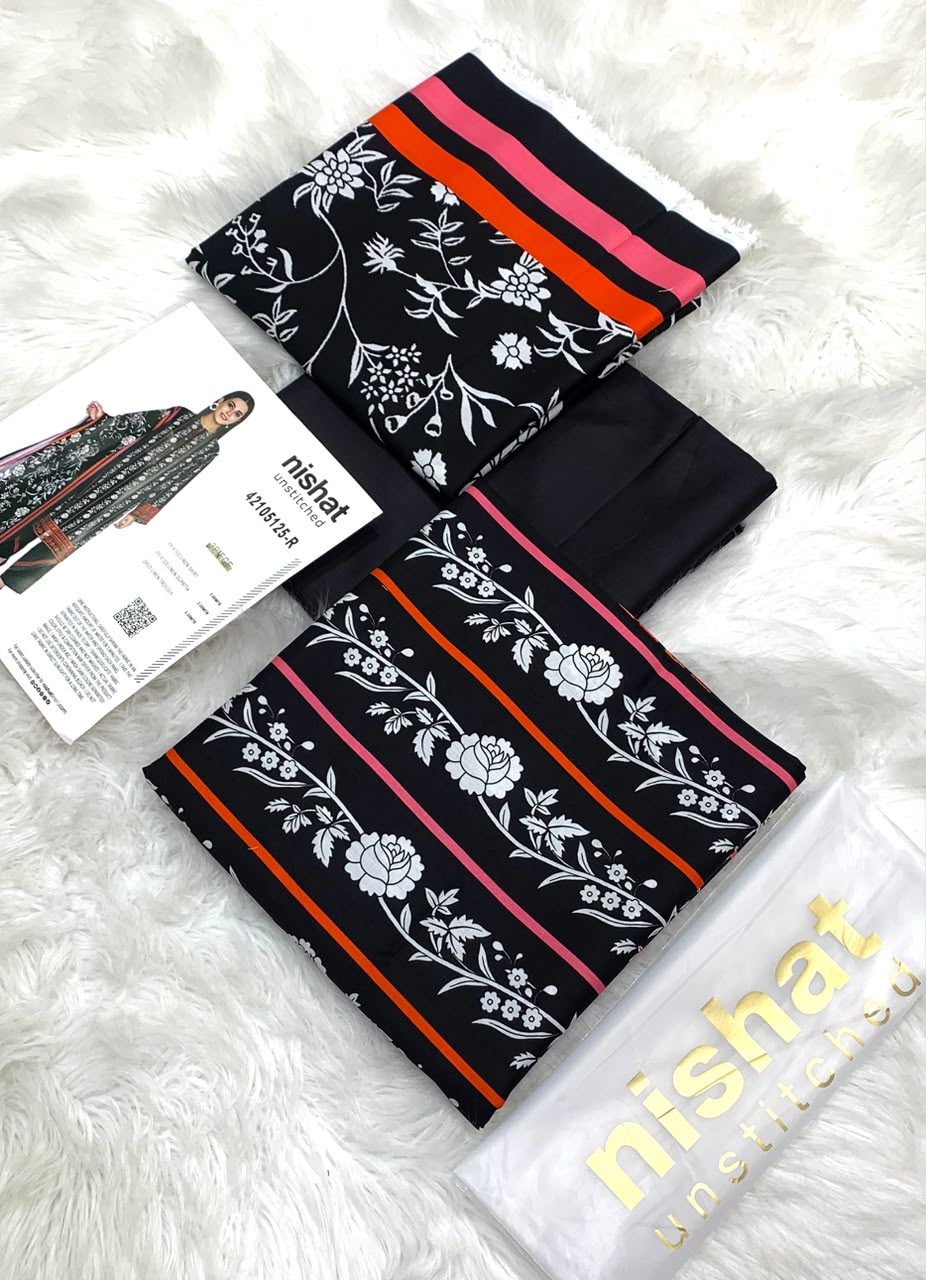 NISHAT PRINTED LINEN 3PC - BLACK RED