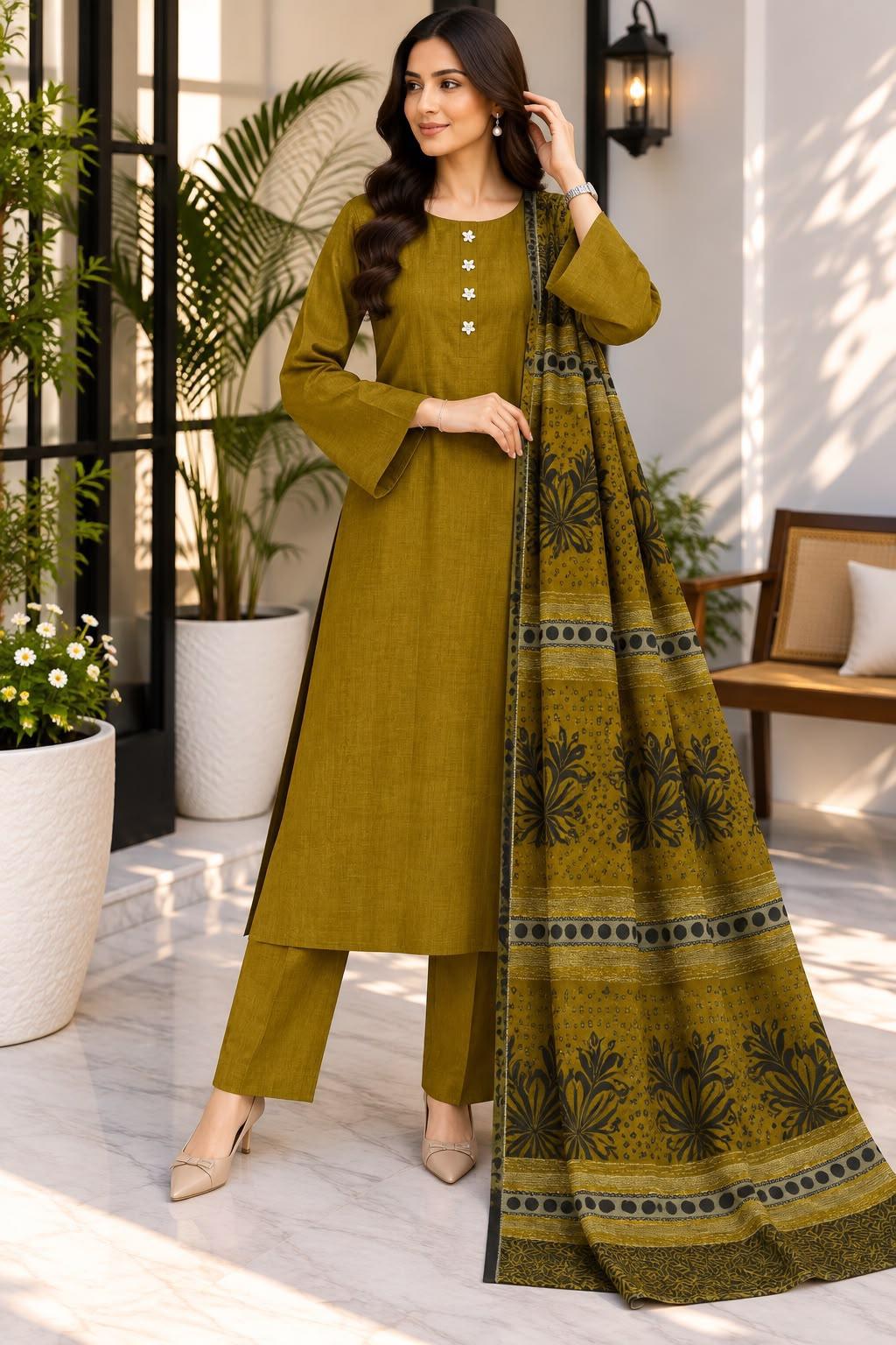 BROSHIA JACQUARD PASHMINA 3D BORDER SHAWL WITH DHANAK 3PC - MUSTARD
