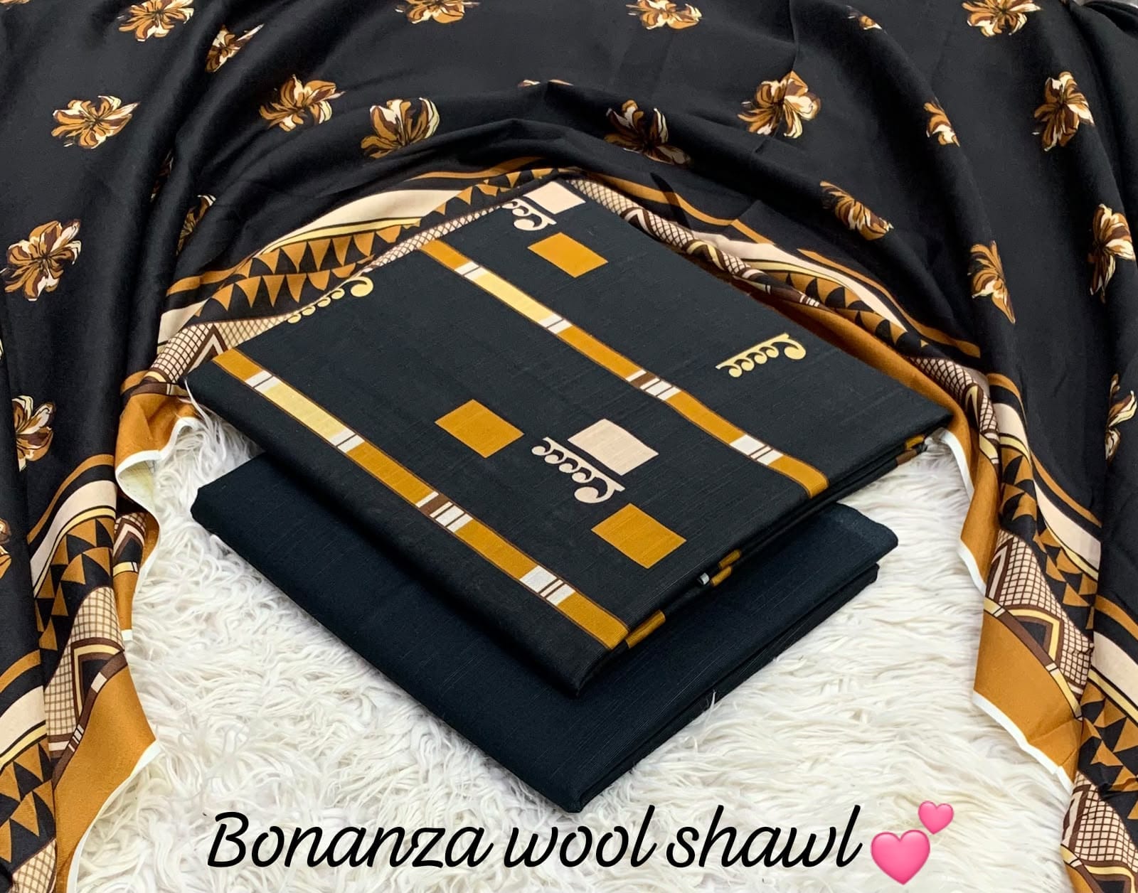 BONANZA KHADDAR WITH BUMBLE WOOL SHAWL 3PC - BLACK GOLD