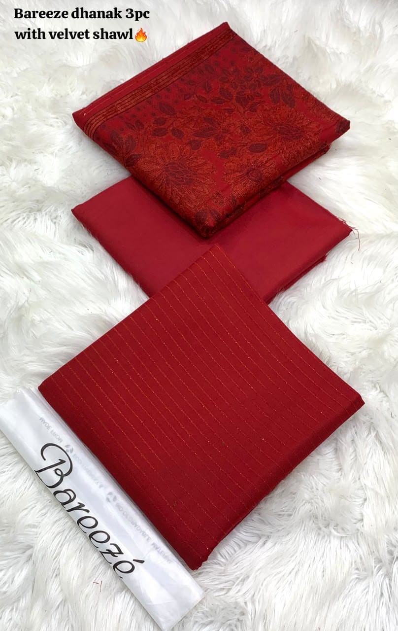 BAREEZE VELVET DHANAK 3PC WITH BROSHIA SHAWL - MAROON